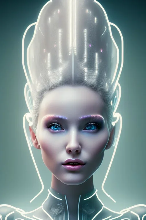 cyber, head, women, portrai, tron sketch of a girl on lined paperA beautiful one nude body of a make up smiling woman blond long hair, alone, high key lighting, volumetric light high details with white stripes and blue eye, smiling with plump pink lips, flowers around, unreal engine petit prince belle fine, profil de trois quart, grand front cosmique, peau bleu cristalline, yeux bleu, perle sur le front long cheveux blond et rose etoilé, cristaux sur le corps, collier de grande princesse, l