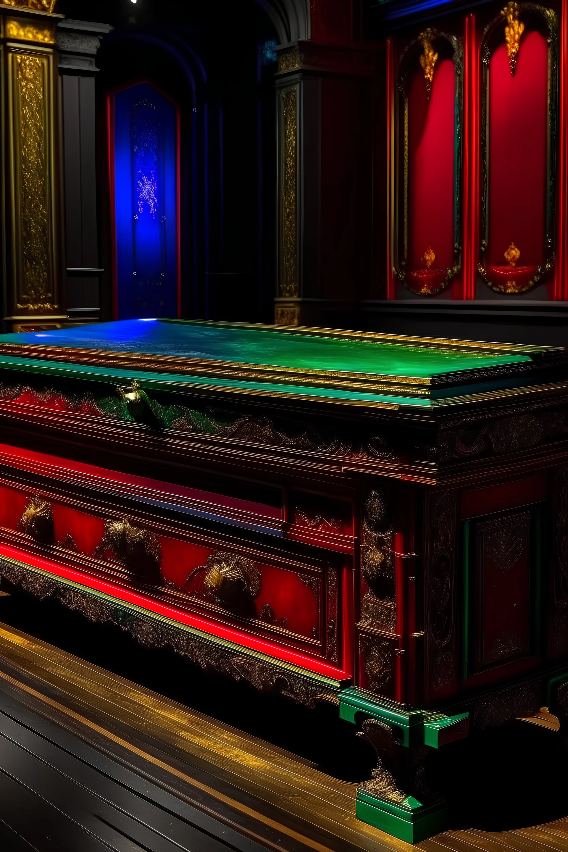 a coffin coloured with jewel tones on a broadway stage