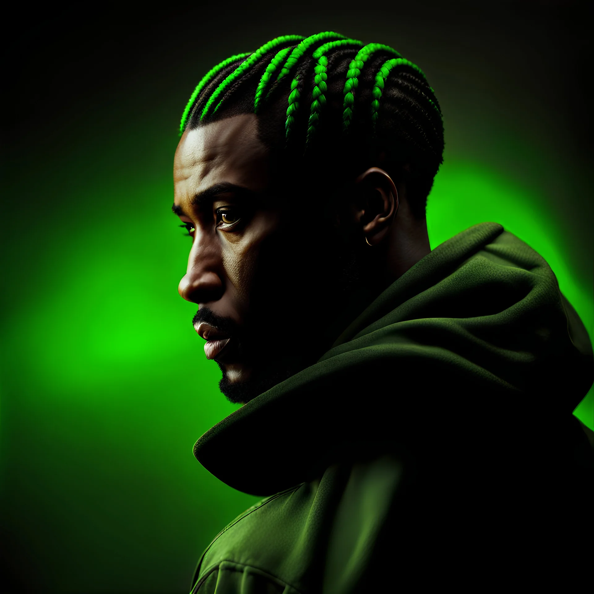 mysterious male African American survivor, green cornrow hairstyle, sweatshirt, post-apocalyptic background, dark and intriguing, confident, intense, handsome, 8K 3D