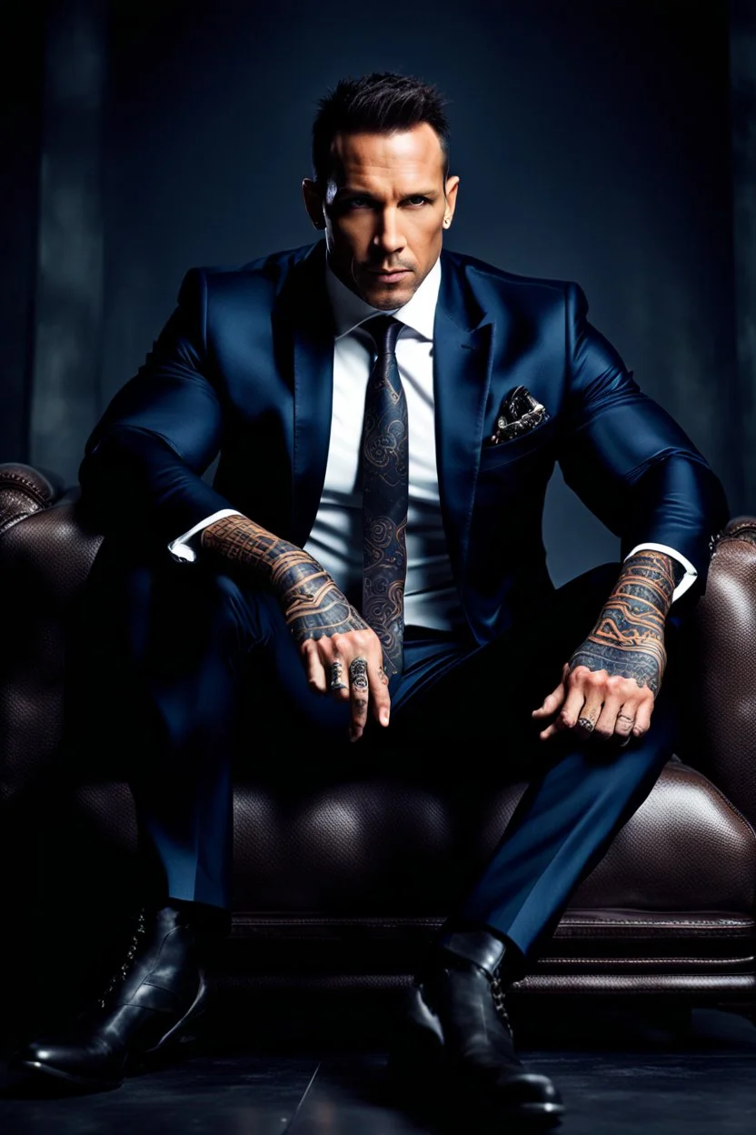 Jason David Frank as muscular man with short hair and tribal tattoos and piercings. Wearing a smart suit, sitting, realistic face, close-up, modern fantasy, intricate details, hyper detailed