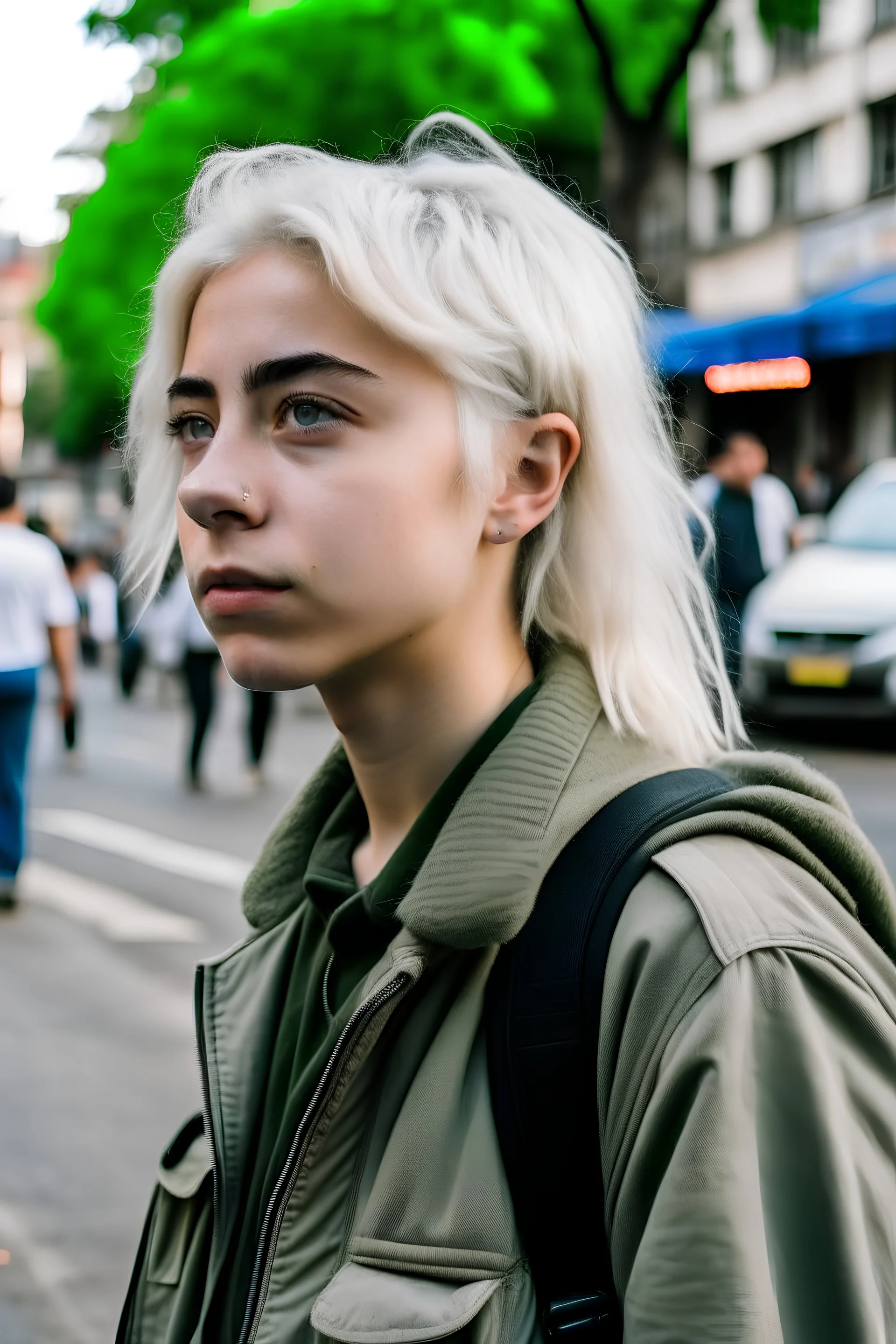 A white-haired teenager on a street in a military battle