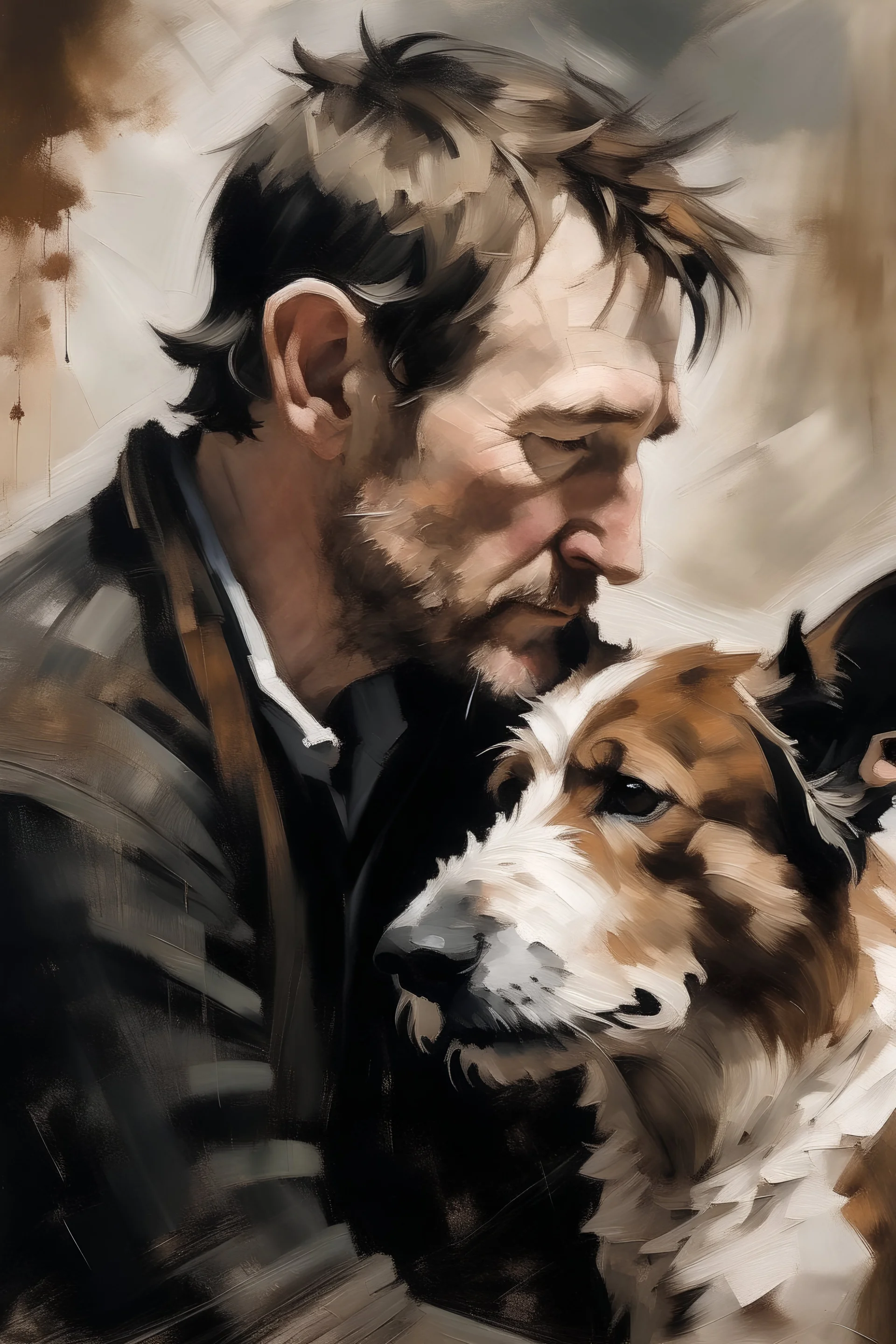 Retrato de plano medio de hombre mirando para anajo a su perro de color marrón,negro y blanco,,impresionista