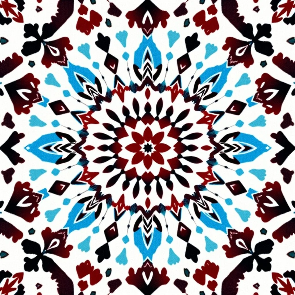 Front Symmetrical View Of Ethnic Cultural Pakistani Sindhi Ajrak Pattern. Using Colors White, Navy-Blue, Sky-Blue, Maroon And Black.