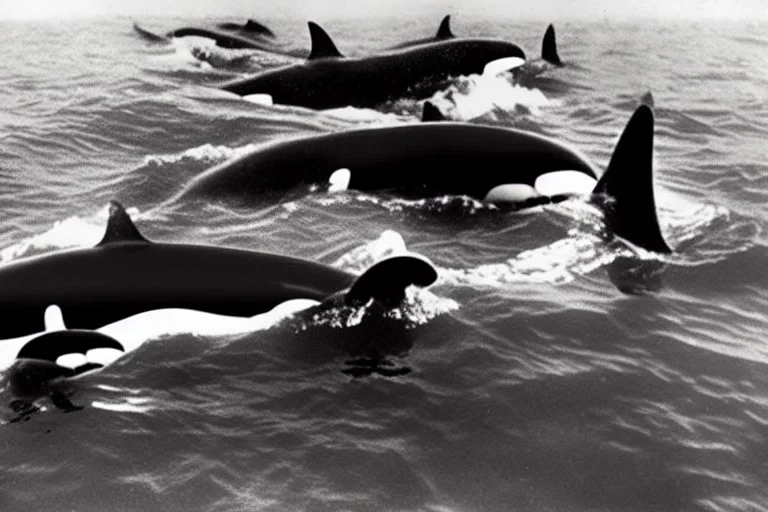 An orca army fighting in WW2, swimming up a stream to attack