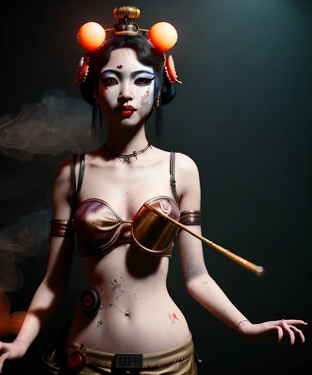 Surreal, steampunk , , cabaret scene. Geisha Asian woman. smoke, happy, hot, color fog, people background, highly detailed, concept art, unreal engine 5, god rays, ray tracing, RTX, lumen lighting, ultra detail, volumetric lighting, 3d, finely drawn, high definition, high resolution.