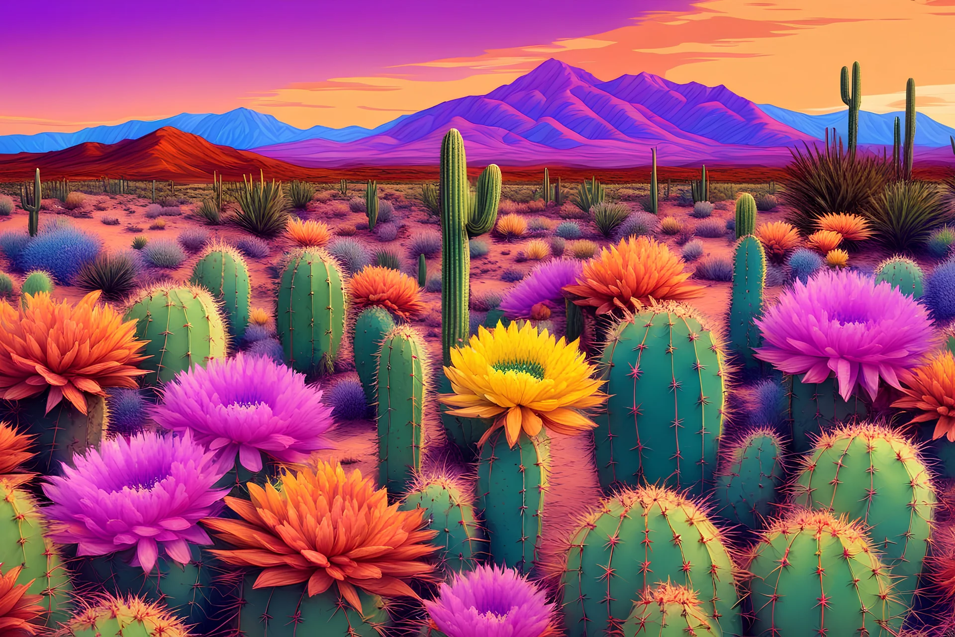 Desert landscape with flowering cactuses in foreground with purple mountain in background vibrant colors