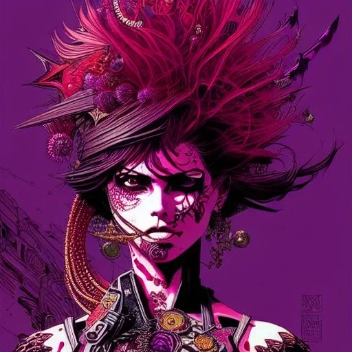 beautiful punk girl, smiling, hyper detailed, hyperdetailed, intricately detailed, purple tones, darkred tones, illustration by <asaf hanuka> <kilian eng> <Yoji Shinkawa>,