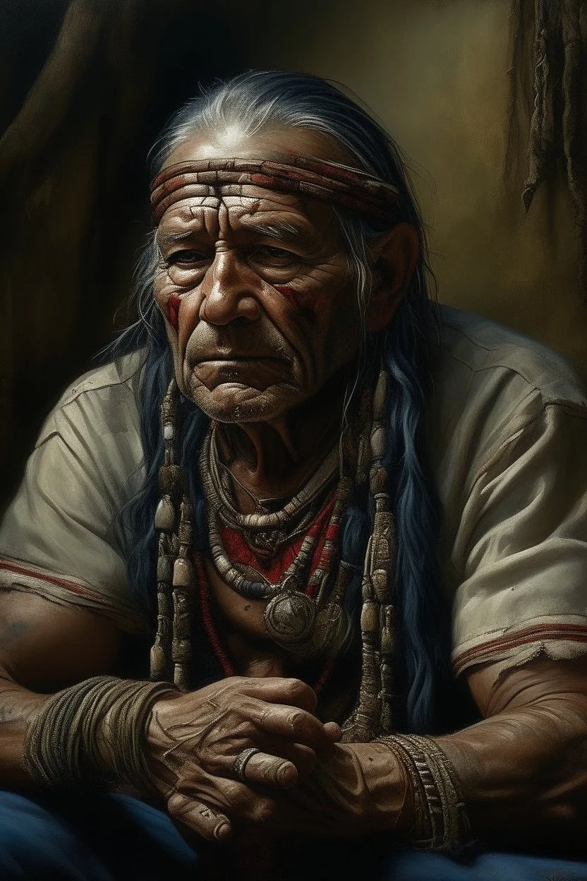 A native Indian , they but a fabric on his eye so he can not see and his arms are Handcuffed. looks miserable with bruises on his face like he has been beating sitting on a broken chair in a prison with dem light and dark prison environments , Busch painting style , sureal