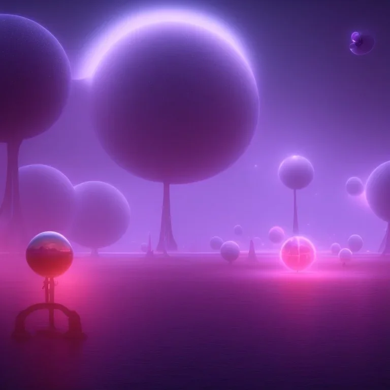 ALIENS FLOATING in the fog, spherical clouds, river valler, GLOWING, PURPLE, orange, pink, stars, TOWERS, 4K, 8K, CINEMATIC