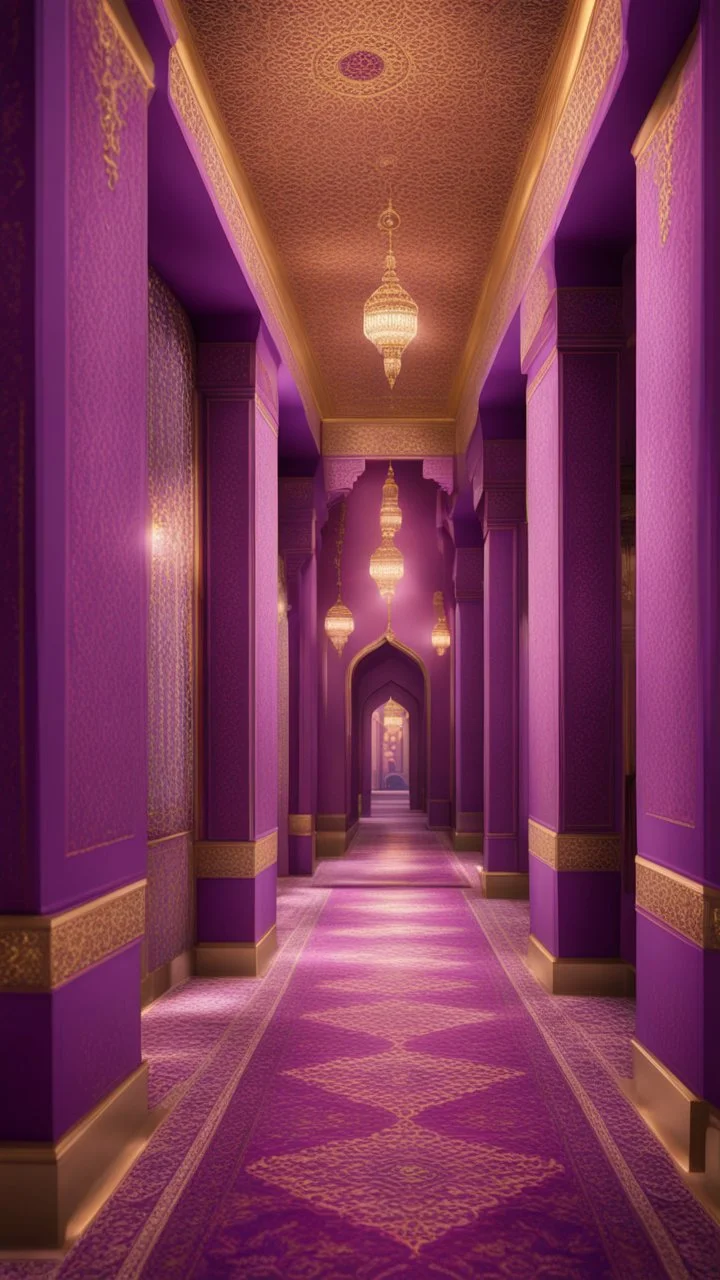 Hyper realistic detailed hallway inside purple wall Mosque with maroon pillars & golden work on pillars, beautiful carpet & ceiling lights at night