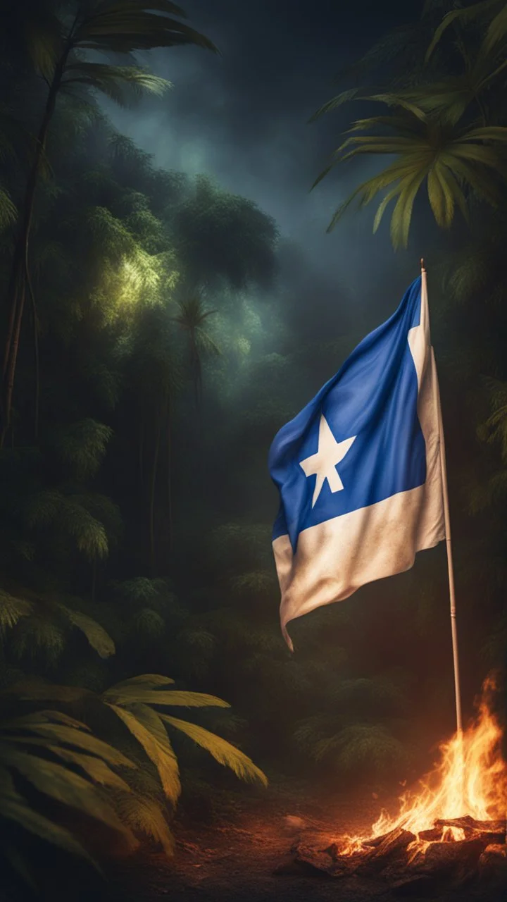 Hyper realistic burning israel flag at night in a jungle