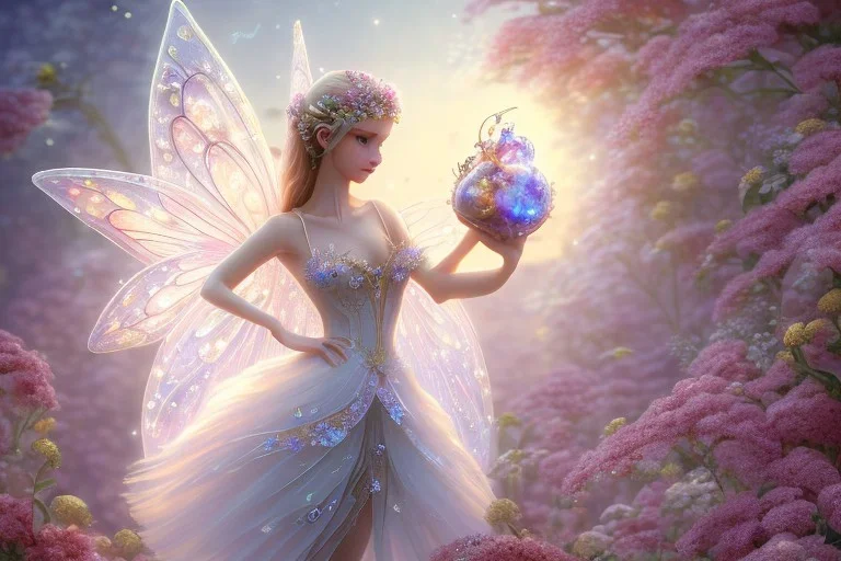 one very little beautiful fairy on a big crystal subtle flower in a galactic ambiance, transparent petals, delicate colors, in the foreground, full of details, smooth, bright sunshine，soft light atmosphere, light effect，vaporwave colorful, concept art, smooth, extremely sharp detail, finely tuned detail, ultra high definition, 8 k, unreal engine 5, ultra sharp focus