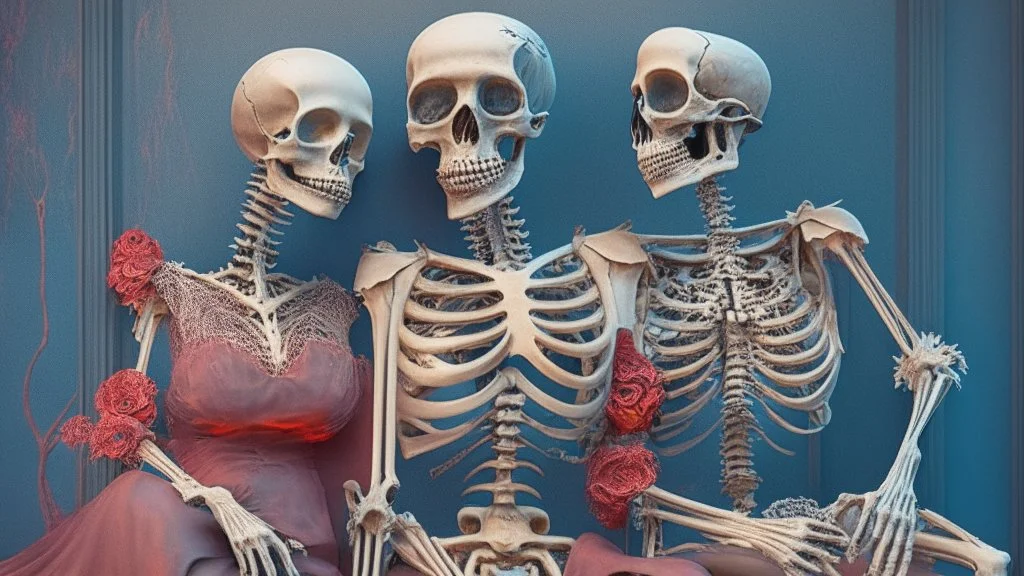 Famous Skeleton Couple Posing together wearing 1920's Hollywood Grandeur; Surreal, Intricately Detailed, Beautiful, Colorful, award-winning, high definition, ultra-detailed, beautiful, rose tones