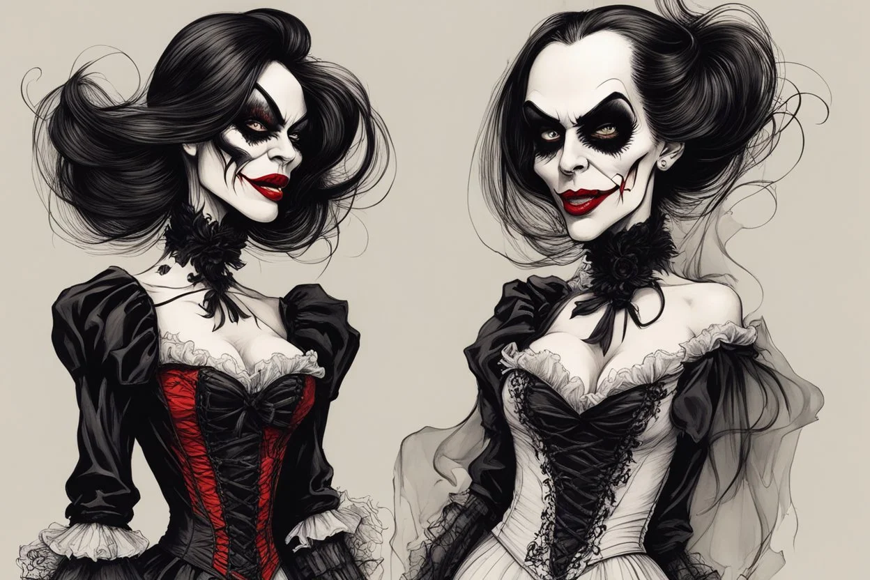 create a full body, seductive, female goth vampire with highly detailed and refined facial features, clothed in Victorian dress and fishnet stockings, in the caricature cartoon style of Gerald Scarfe and Ralph Steadman, precisely drawn, boldly inked, vividly colored, 4k