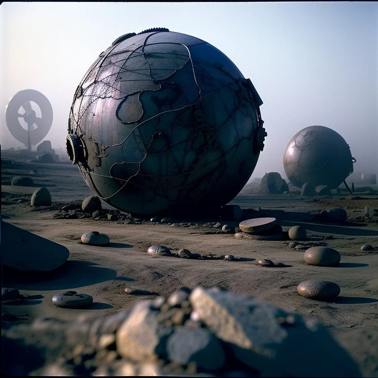 A striking quality close-up Kodak photograph captures a wasteland with odd stones, odd spindle-shaped objects, spooky, creepy, details of the dust very accentuated, glossy, organic, adorned with minerals and rocks, fog. Bathed in feeble light, eerie, Max Ernst style, sun, fog, volumetric light