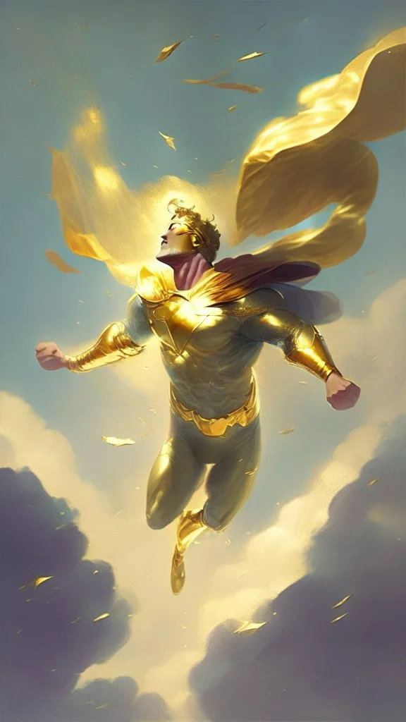 hero with golden clothes flying through the sky