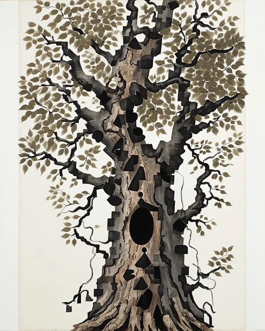 Abstract primitive tree composed of organic bark and leaf textures, fragmented into interlocking sections of varying magnification (macro veins, branch close-ups, distant silhouettes), all fused with no boundaries; rough charcoal, angular limbs and leaves, each section using distinct hatching densities and mark systems, high-contrast black on white, naive cubist/raw sketch style, continuous bleeding collage, square frame, edge-to-edge. Colored in rich but soft earth tones with the blacks preser