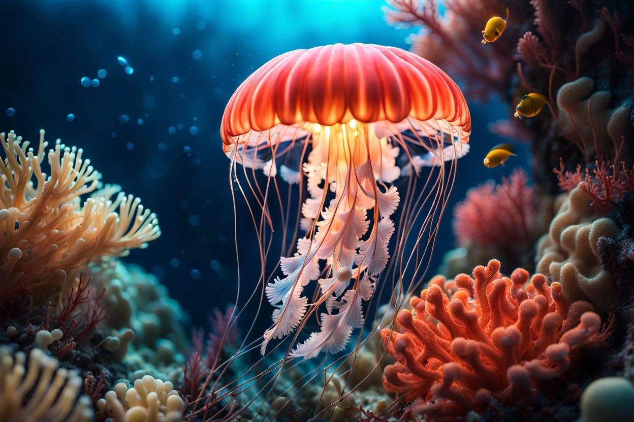 under water, intricate details, macro shot glowing jellyfish, corals, bulbs, luminance, Cinematic lighting, Volumetric lighting, Epic composition, Photorealism, Bokeh blur, Very high detail, Sony Alpha α7, ISO1900, Character design, Unreal Engine, Octane render, HDR, Subsurface scattering