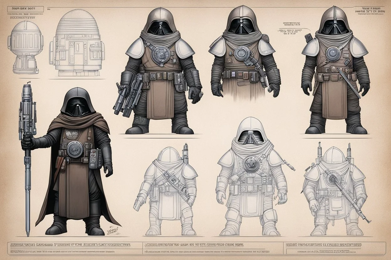 ConceptSheet blueprint [Jawa dwarf by Hans Ruedi Giger]: Star Wars Jawas aligned EDC unpacked equipment for the dunes and trade