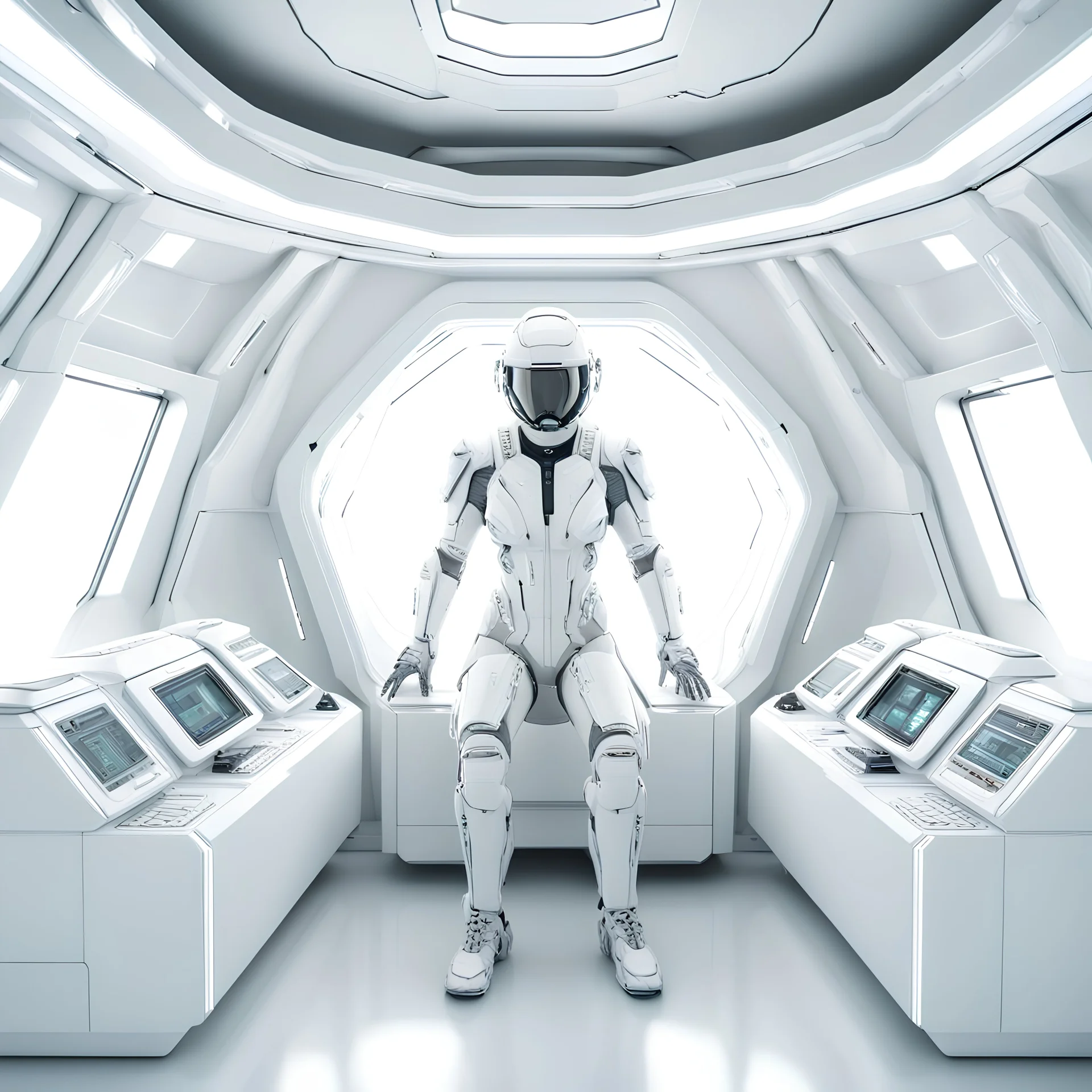 Hyper realistic glossy cyborg cybernetic pilot inside a white and grey futuristic spaceship surrounded by white glossy minimalist walls control panels in the white background in the style of Laura Greenan, white color scheme in the style of 3D, octane render, 8k, ray-tracing, blender, hyper-detailed