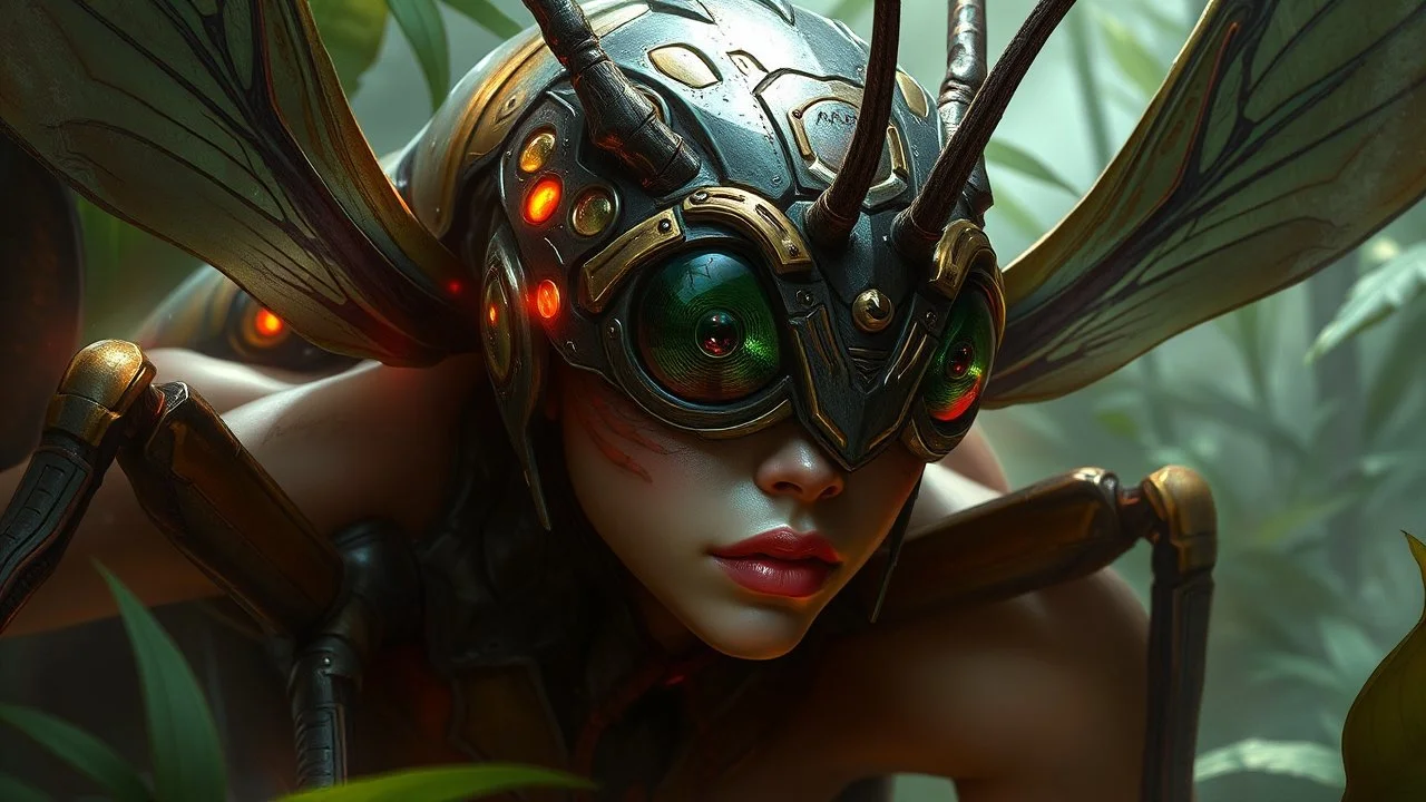 JUNGLE BIOCYBERNETIC INSECT, highly detailed character in digital fantasy, painted portrait, artstation, concept art, hard focus, illustrations, works by Artgerm and Greg Rutkowski, Alphonse Mucha and Craig Mullins,