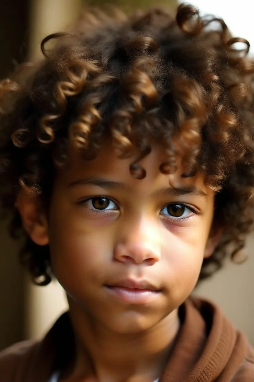 Mixed boy with brown curly hair and light brown eyes