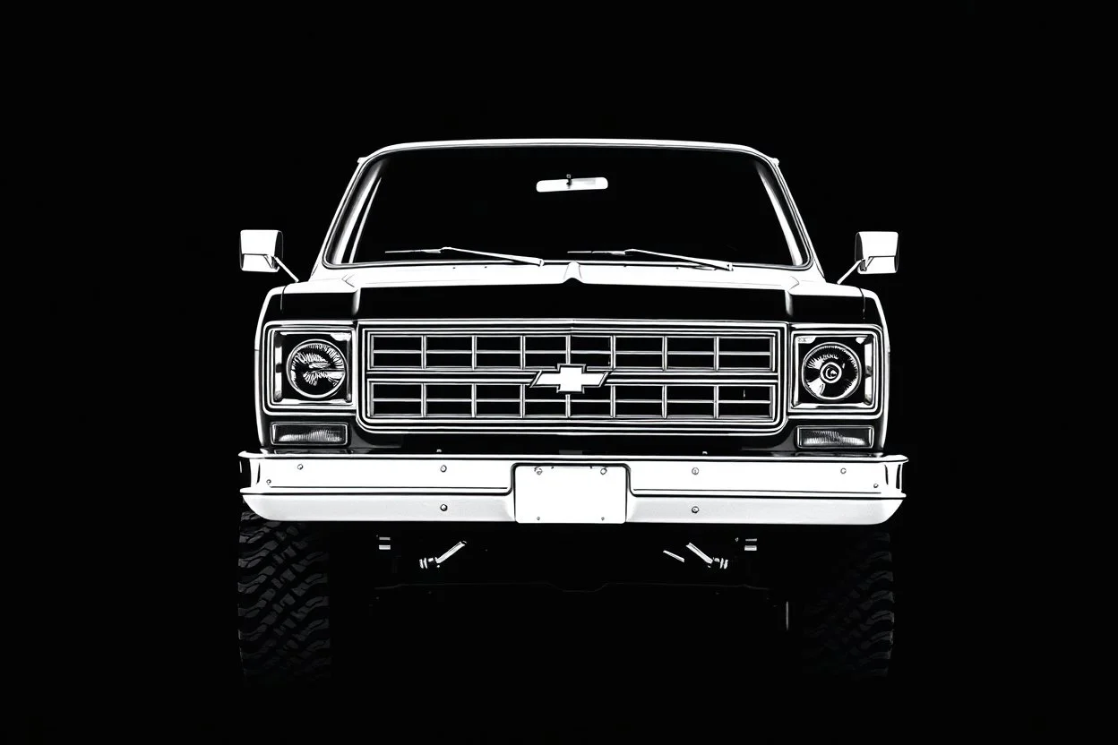 front corner 1973 Chevrolet square body truck 4x4 facing a little to the left, dark gray background, high contrast black and white vector
