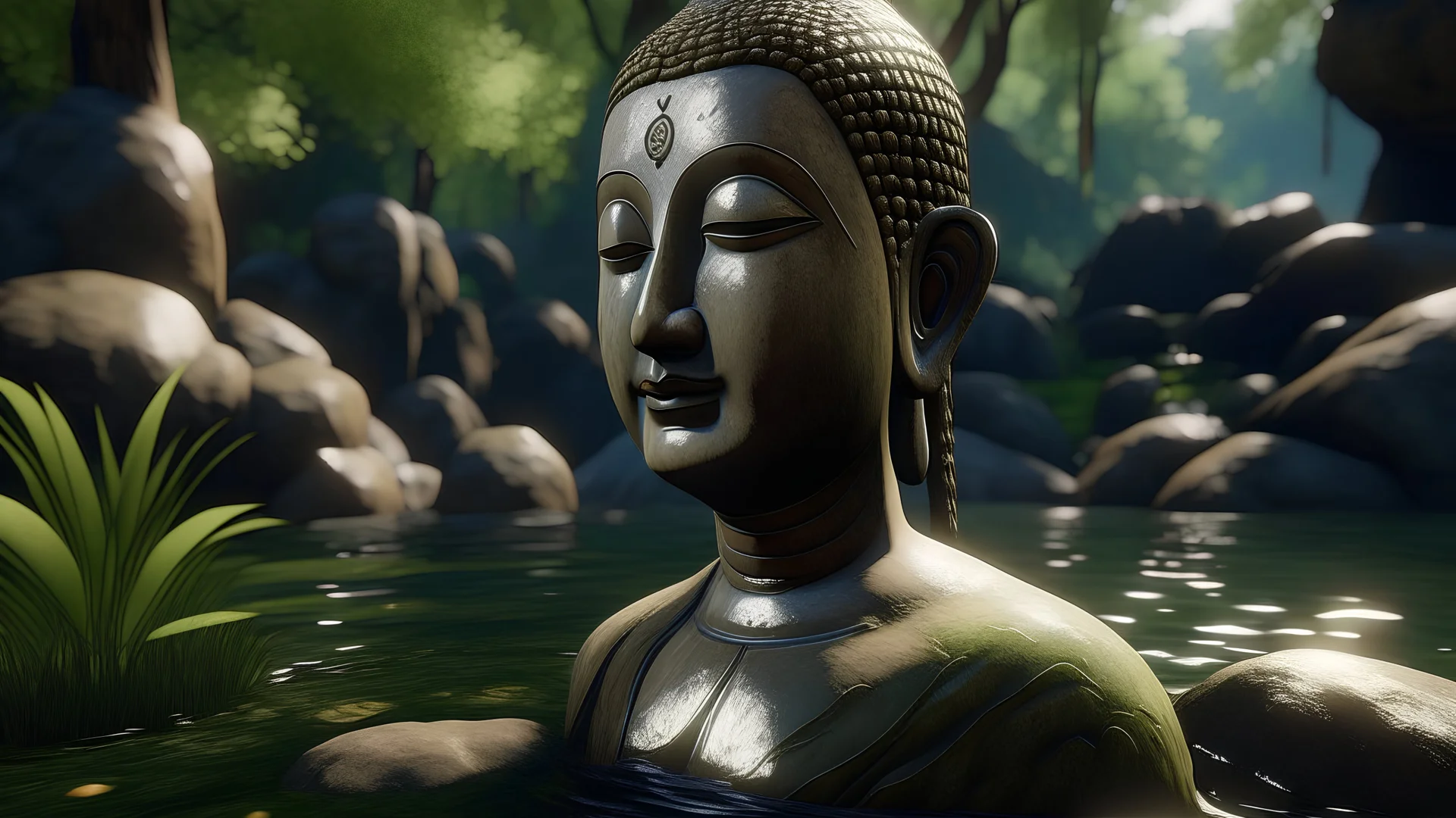 /imagine prompt: realistic, personality: [Capture a close-up shot of Buddha's face as he speaks with a calm and composed expression. His eyes are filled with wisdom, and his gentle smile conveys compassion. He gestures towards the pond and speaks to his disciple, explaining the pleasant qualities of the water] unreal engine, hyper real --q 2 --v 5.2 --ar 16:9