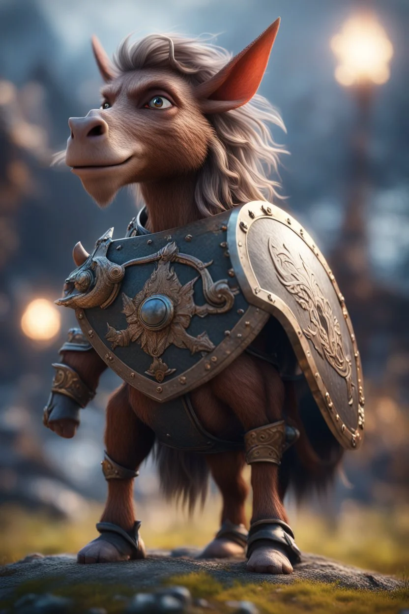 gremlin war horse, epic hero norseman with wild hair, short ears, and big holy ornamented shield Under stjerners gnist Vi går som ett, vår tro et løfte ,bokeh like f/0.8, tilt-shift lens 8k, high detail, smooth render, down-light, unreal engine, prize winning