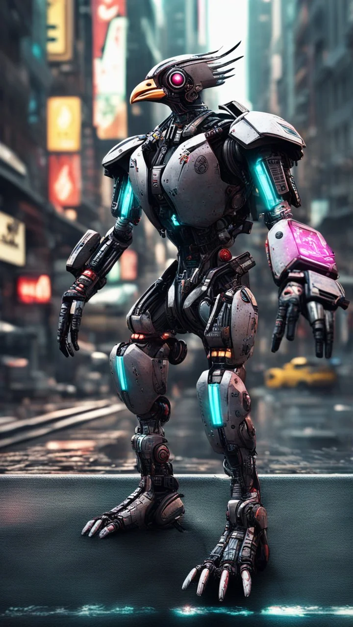 CHICKEN robot, sci-fi, cyberpunk, full body, ultra realistic, virtual reality, cyberpunk city and colors