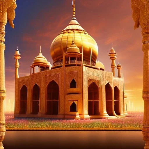 indian temple in sunset, perfect composition, hyperrealistic, super detailed, 8k, high quality, intricate details, highly detailed