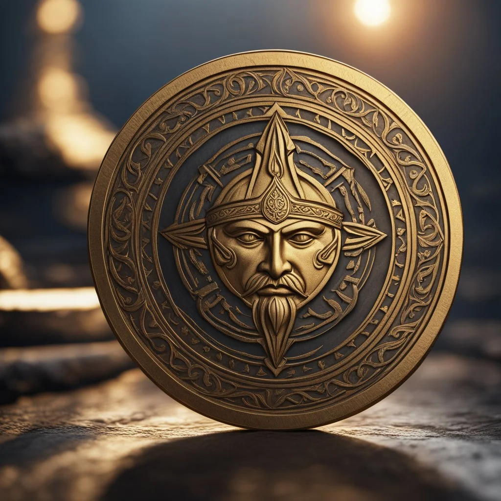 a single gold coin standing on edge. viking design. kings portrait. Coin's name is a Gold Sun. show one coin at a distance front on. show whole coin. fantasy concept art, exquisite realism, a masterpiece, dynamic lighting, hyper detailed, intricately detailed, deep color, Unreal Engine, volumetric lighting , Epic cinematic brilliant stunning intricate meticulously detailed dramatic atmospheric maximal,