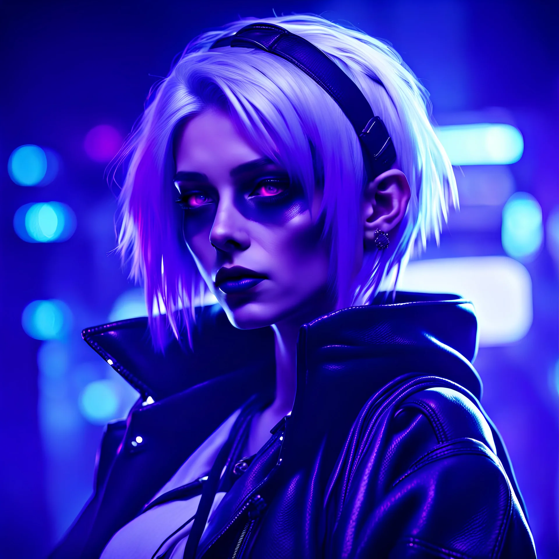 introverted young Alluring cyberpunk witch With Dark Eyeshadow, short purple and white hair, black jacket, purple eyes