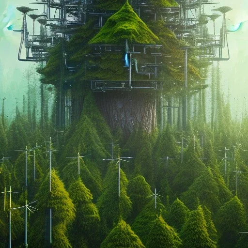 close up on holy scientist in coat ,cell towers overgrown with moss, trees and vegetation, spray paint art, book illustration, 4k, high detail, filmed from drone