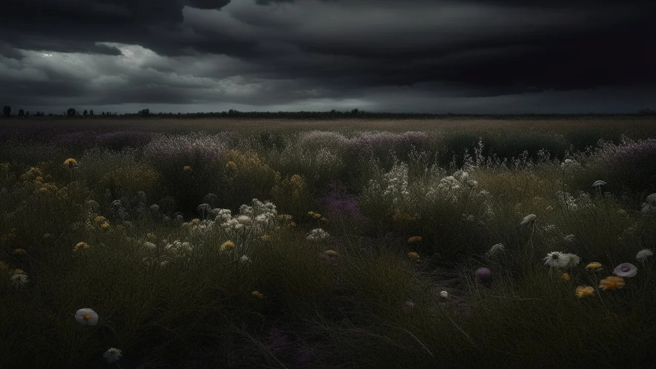 A melancholic landscape, with dark storm clouds looming over a desolate field of wilted flowers. The colors are muted and somber, reflecting the mood of the scene.