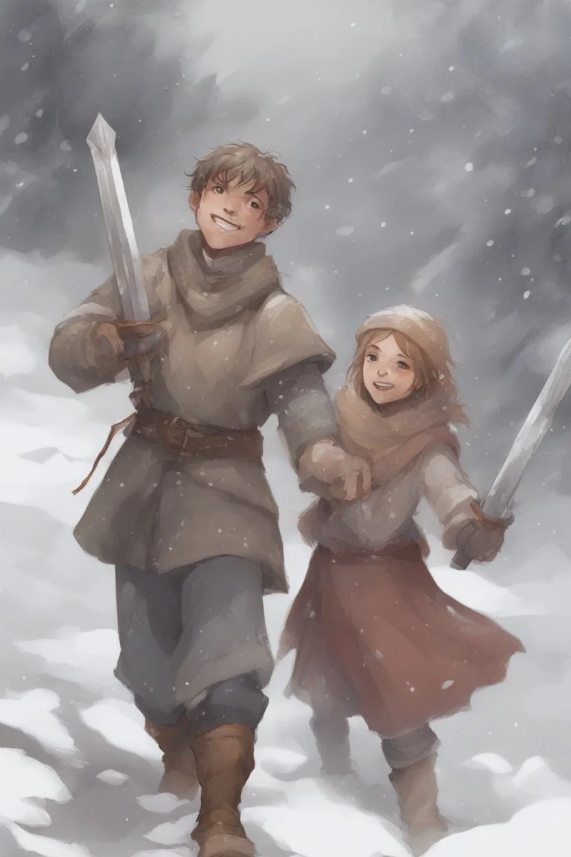 DnD style, two medieval peasant kids playing in the snow male and female, age 14 and 15, happy and playful, he has a short sword.