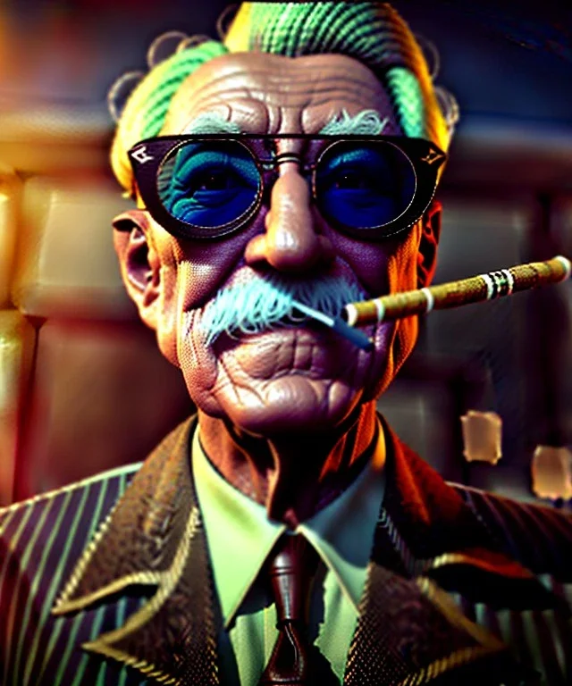 Surreal, steampunk, cabaret scene. old man. Sunglasses, rain, smoking, happy, hot, people background, highly detailed, concept art, unreal engine 5, god rays, ray tracing, RTX, lumen lighting, ultra detail, volumetric lighting, 3d, finely drawn, high definition, high resolution.