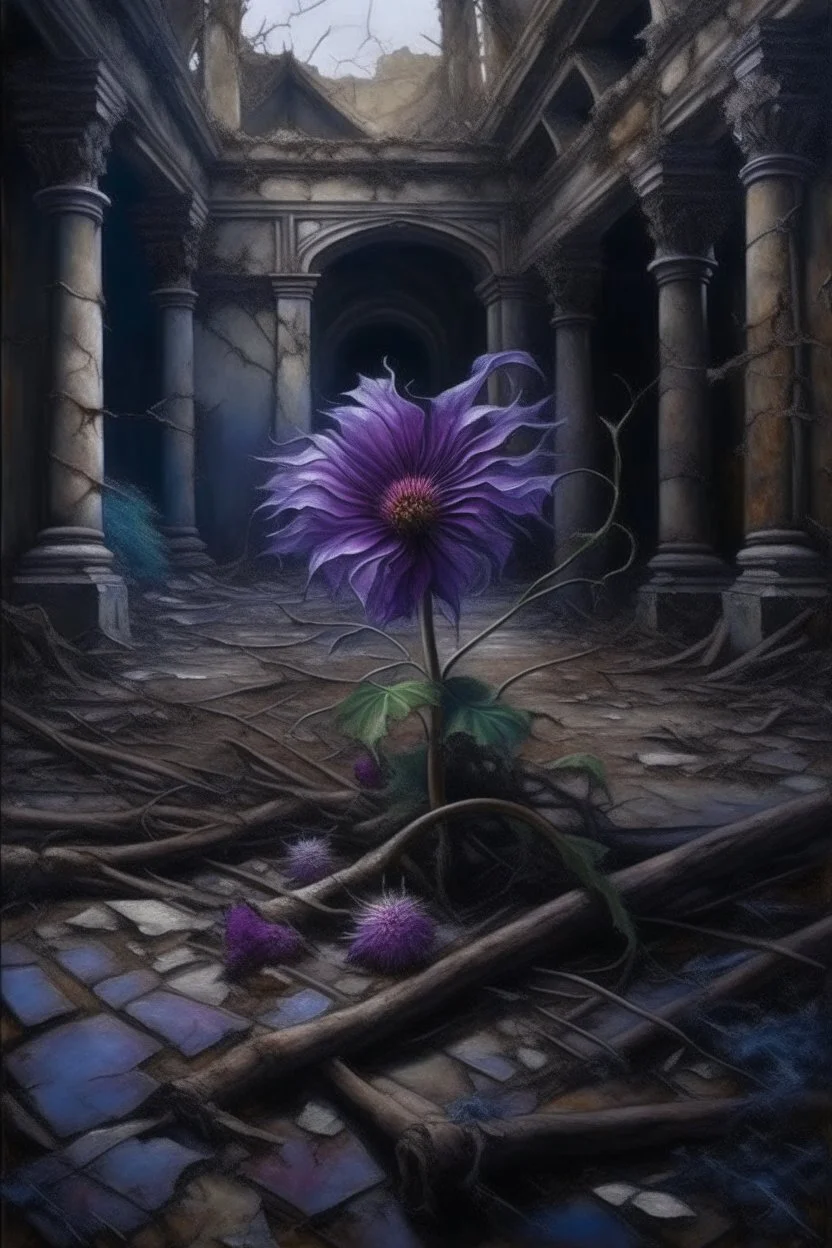 Oil painting of a purple flower amid withered and dead flowers in an abandoned garden in an abandoned palace in the ancient era Photorealistic