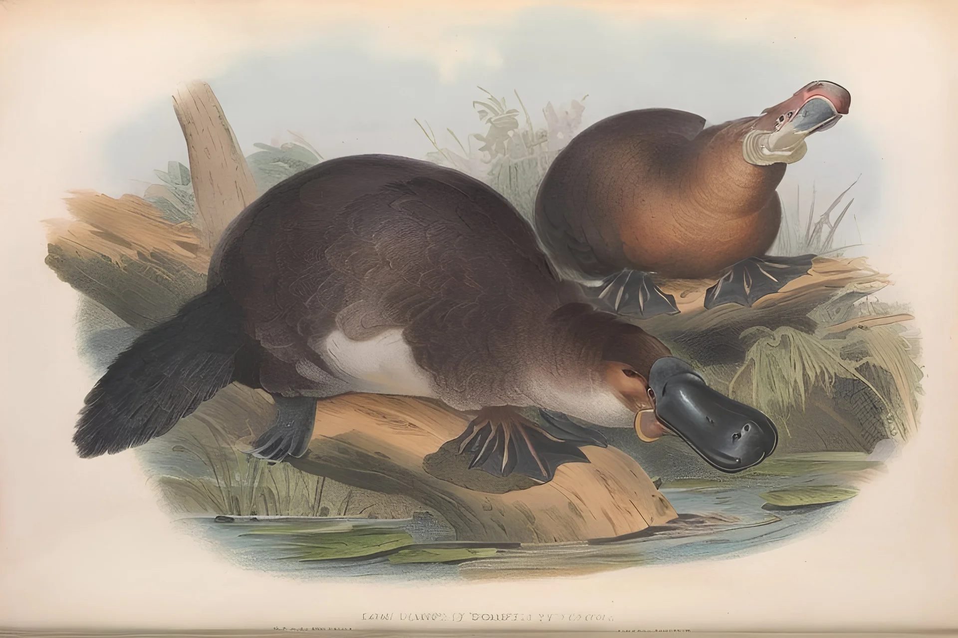 John James Audubon-like illustration of a fully uncropped Dodo bird and a Platypus in a chinoiserie landscape of warm yellows, warm reds, and warm blues