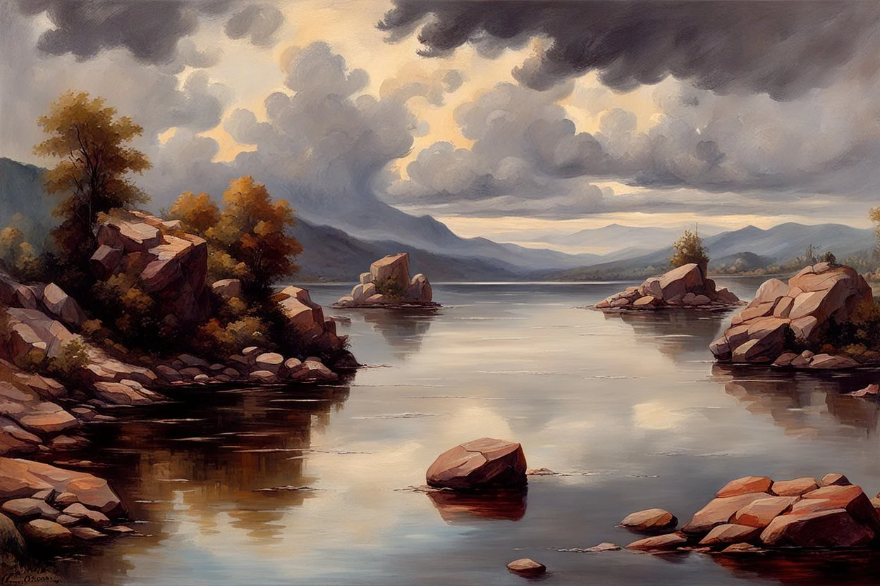 Cloudy day, lake, rocks, begginer's landscape, 2000's sci-fi movies influence, friedrich eckenfelder, and pieter franciscus dierckx impressionism paintings