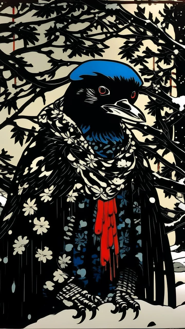 A contemporary serigraphy portrait by Matisse and Kunisada of a crow adorned in a punk leather jacket within a snowy Christmas atmosphere.