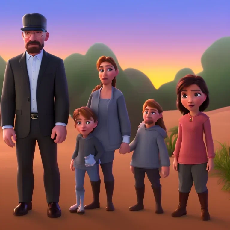 Walter White and his family at a funeral, 8k, realistic face, with a fedora, sunset background,