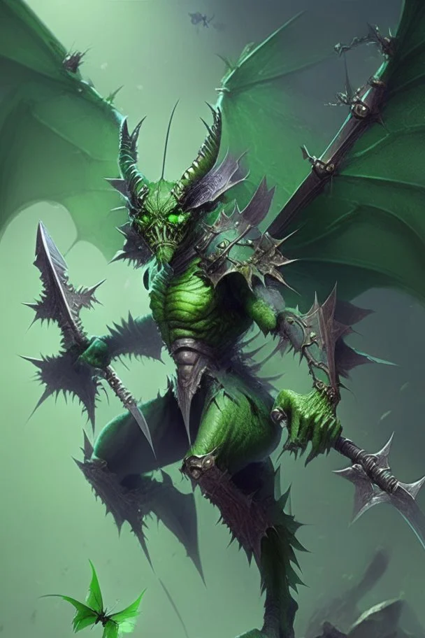 Demonio de armadura verde con alas de mosca y una enorme lanza