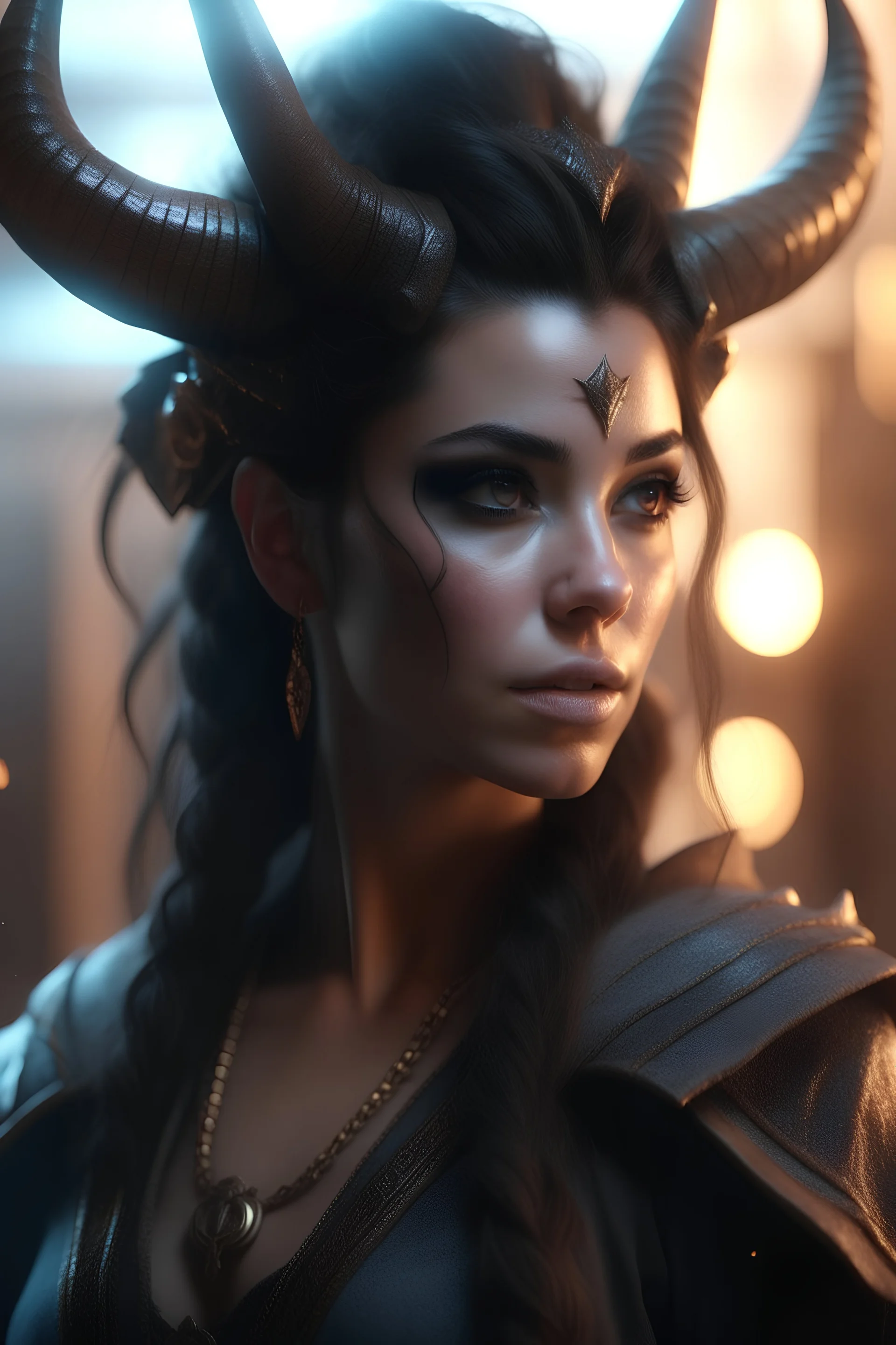 Photoreal close-up of gorgeous demon horned lightning bursting brunette tielfing sorceress girl in ornate intricate mage tunic in a dusty dungeon, forgotten realms fantasy style by lee jeffries, 8k, high detail, smooth render, unreal engine 5, cinema 4d, HDR, dust effect, vivid colors