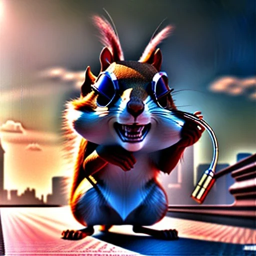 pixar style anamorphic cute squirrel baby, smiling, cyberpunk headphone, sunglass, gangsta gold neckless, full body, magenta puffer jacket, manila city backdrop, dramatic lighting, hyper realistic, unreal engine 5, 16k