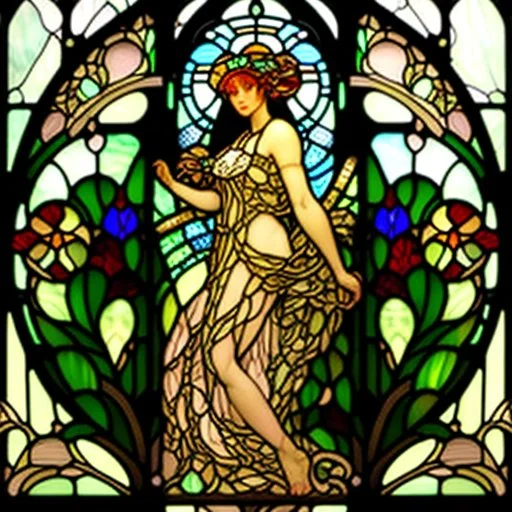 A big Art Nouveau stained-glass window in an Art Nouveau villa by artist "Alphonse Mucha"