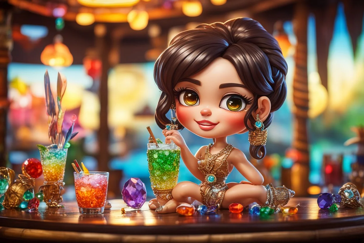 Coloured glass cute chibi brunette woman in the tiki bar with cocktails set with gemstones, glittering metal stems and gemstone leaves on a room table sharp focus elegant extremely detailed intricate very attractive beautiful dynamic lighting fantastic view crisp quality exquisite detail gems and jewels S<AI in sunshine Weight:1 Professional photography, bokeh, natural lighting, canon lens, shot on dslr 64 megapixels sharp focus Weight:0.9