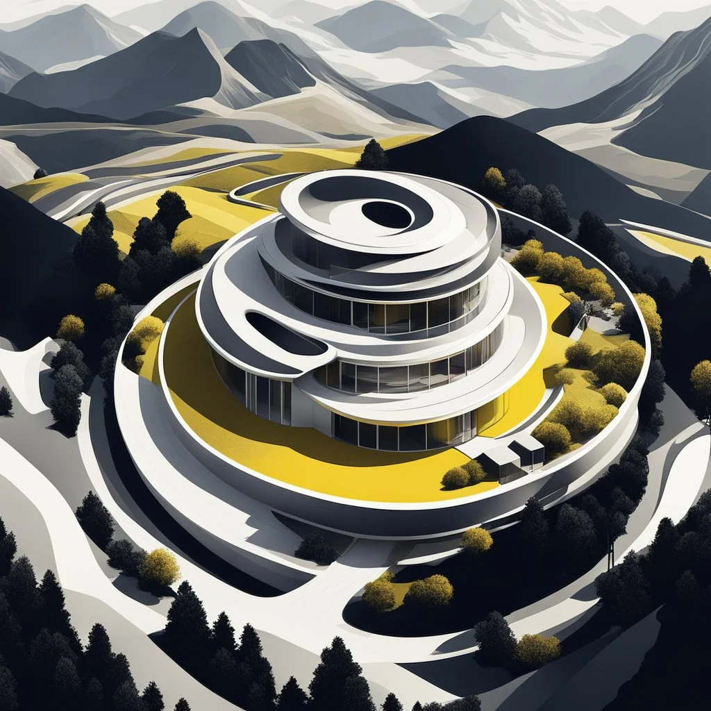 Ilustración minimalista de una casa campestre estilo Zaha Hadid forma redonda en las montañas arte nouvea color negro blanco y amarillo vista aérea