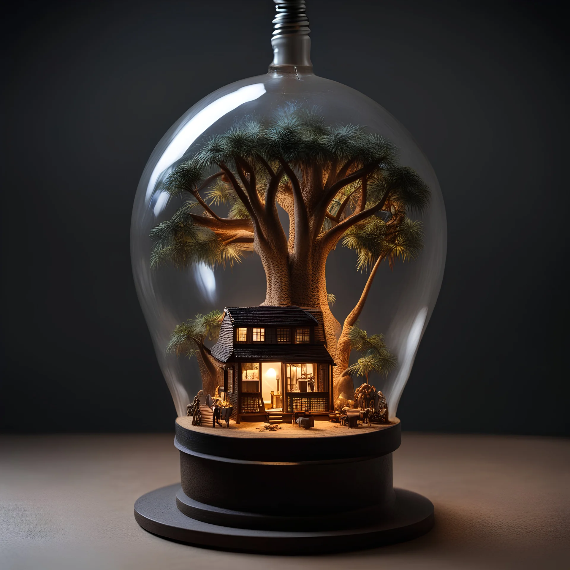 Create 3D art. Details: realistic, a miniature diorama work inside a light bulb, a house of resident of the Livingston, Zambia. Baobab trees, Palm trees, Elephants, black background emphasize the bulb. The photo looks very clear. Diorama work inside a light bulb (Recreated)