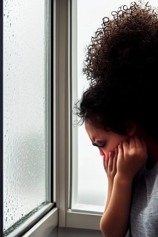 Crying girl, sad, expressive, emotive, frowning, furrowed eyebrows, pouting lips, African American, curly hair, looking out rainy window,